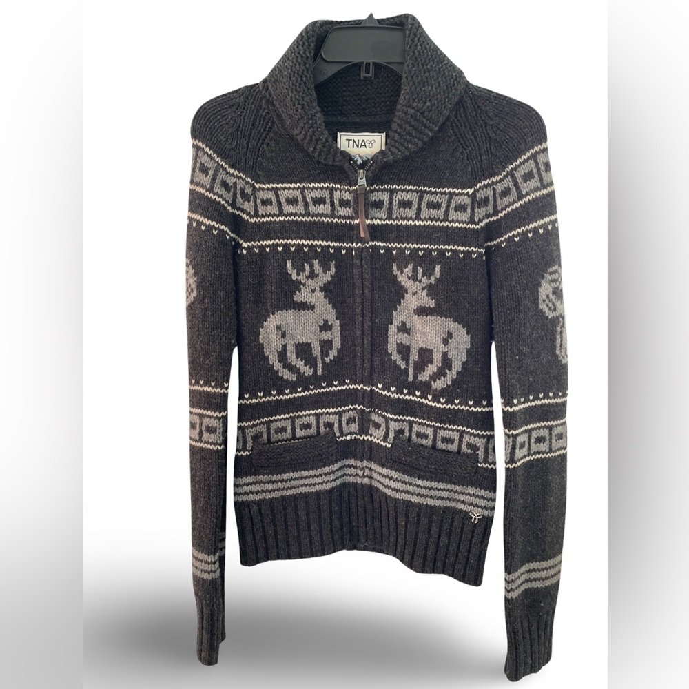 EUC Aritzia, TNA chunky knit wool grey/brown zip up sweater, S